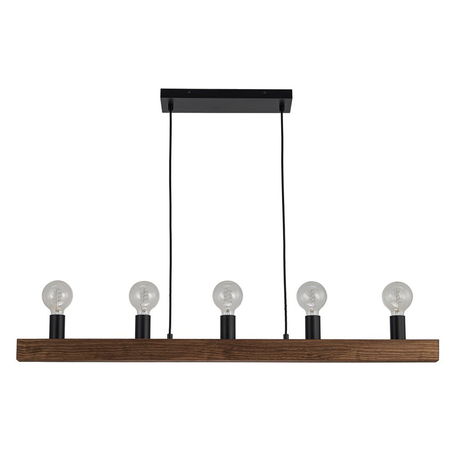 Chandelierias - 5 - Light Farmhouse Natural Wooden Linear Chandelier - Chandeliers - Matte Black & Wood Grain - 