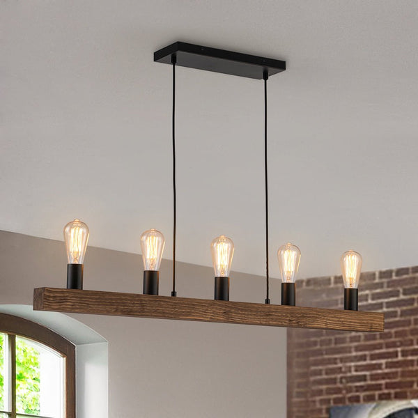 Chandelierias - 5 - Light Farmhouse Natural Wooden Linear Chandelier - Chandeliers - Matte Black & Wood Grain - 