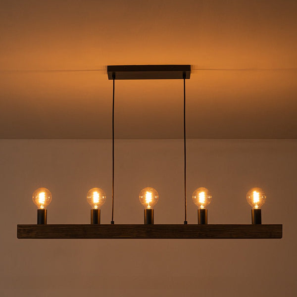 Chandelierias - 5 - Light Farmhouse Natural Wooden Linear Chandelier - Chandeliers - Matte Black & Wood Grain - 