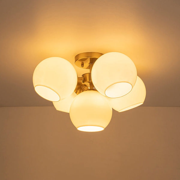 Chandelierias - 5 - Light Opening Opal Glossy Glass Semi - flush Mount - Semi Flush - Brass - 