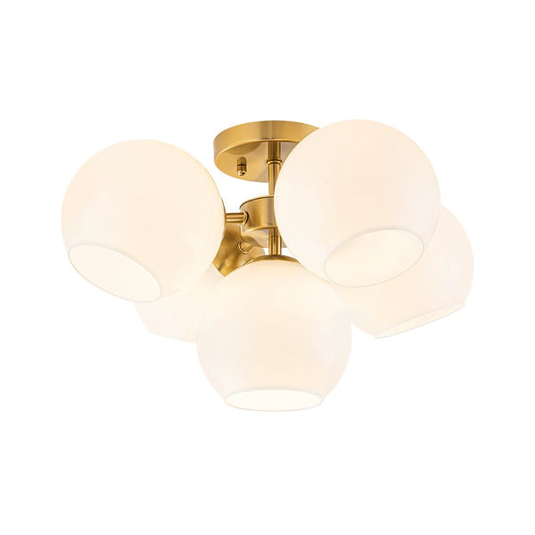 Chandelierias - 5 - Light Opening Opal Glossy Glass Semi - flush Mount - Semi Flush - Brass - 