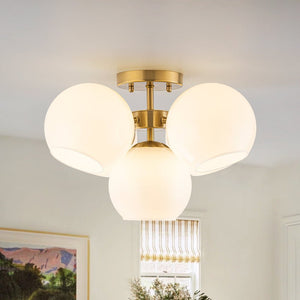 Chandelierias - 5 - Light Opening Opal Glossy Glass Semi - flush Mount - Semi Flush - Brass - 