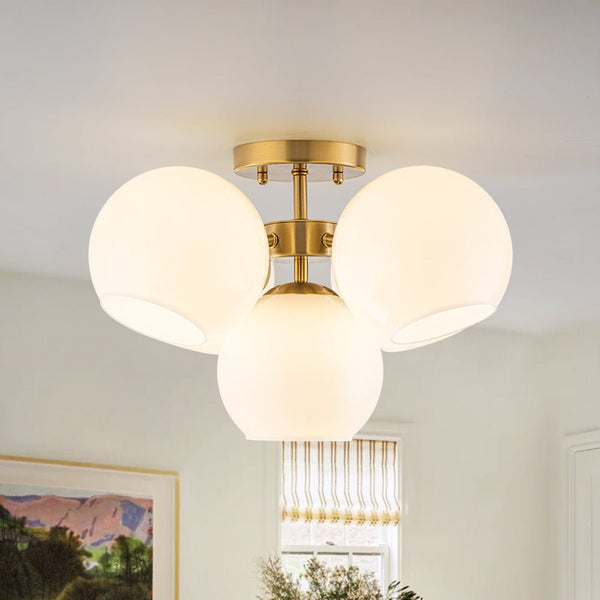 Chandelierias - 5 - Light Opening Opal Glossy Glass Semi - flush Mount - Semi Flush - Brass - 