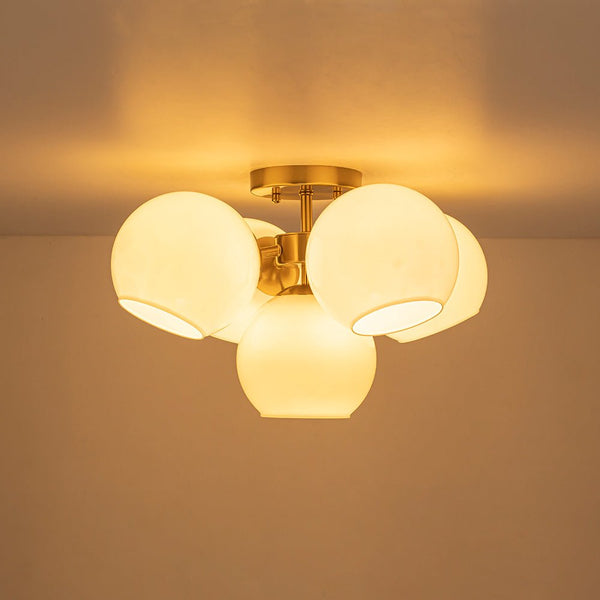 Chandelierias - 5 - Light Opening Opal Glossy Glass Semi - flush Mount - Semi Flush - Brass - 