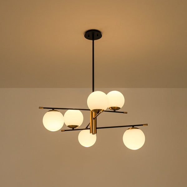 Chandelierias-6-Light Black Brass Staggered Frosted Glass Sputnik Tiered Chandelier-Chandeliers-Black + Brass-
