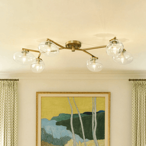 Chandelierias-6-Light Brass Clear Ovoid Glass Branch Semi-flush Mount-Semi Flush-Brass-