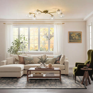 Chandelierias-6-Light Brass Clear Ovoid Glass Branch Semi-flush Mount-Semi Flush-Brass-