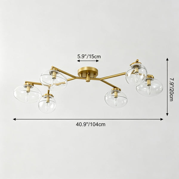 Chandelierias-6-Light Brass Clear Ovoid Glass Branch Semi-flush Mount-Semi Flush-Brass-