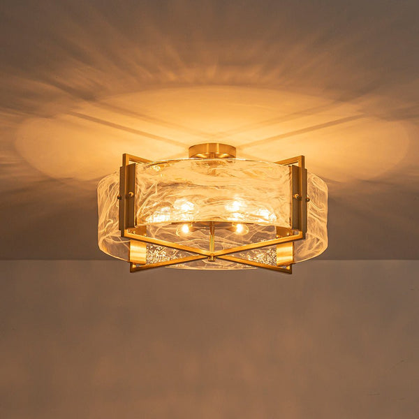 Chandelierias - 6 - Light Cloud Glass Drum Semi - Flush Mount Ceiling Light - Semi Flush - 6 Bulbs - Gold