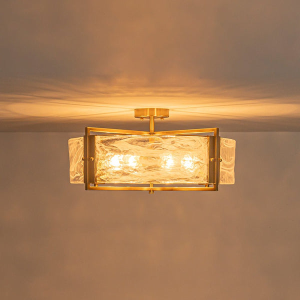 Chandelierias - 6 - Light Cloud Glass Drum Semi - Flush Mount Ceiling Light - Semi Flush - 6 Bulbs - Gold