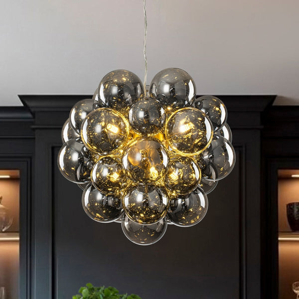 Chandelierias-6-Light Cluster Black Pearl Glass Bubble Chandelier-Chandeliers-Brass-