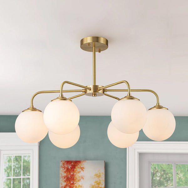 Chandelierias-6-Light Contemporary Frosted Milky Glass Sphere Chandelier-Chandeliers-Brass-6 Bulbs