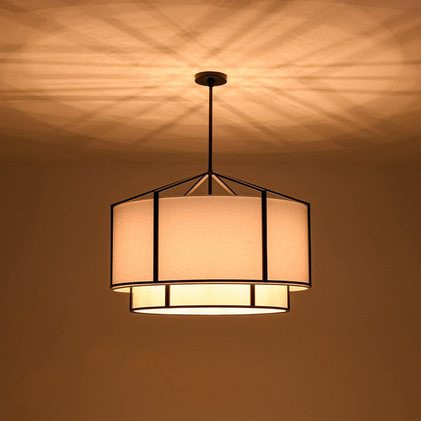 Chandelierias - 6 - Light Eclectic Modern Dual - layer Linen Drum Pendant Chandelier - Chandeliers - Matte Black - 
