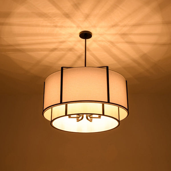 Chandelierias - 6 - Light Eclectic Modern Dual - layer Linen Drum Pendant Chandelier - Chandeliers - Matte Black - 
