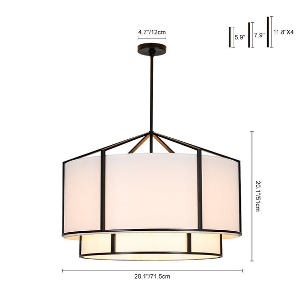 Chandelierias - 6 - Light Eclectic Modern Dual - layer Linen Drum Pendant Chandelier - Chandeliers - Matte Black - 