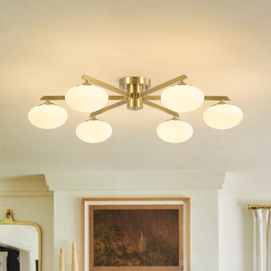 Chandelierias-6-Light Frosted Opaline Oval Glass Sputnik Semi-flush Mount-Semi Flush-Brass-