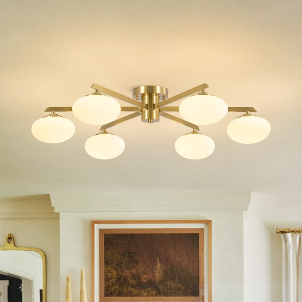 Chandelierias-6-Light Frosted Opaline Oval Glass Sputnik Semi-flush Mount-Semi Flush-Brass-