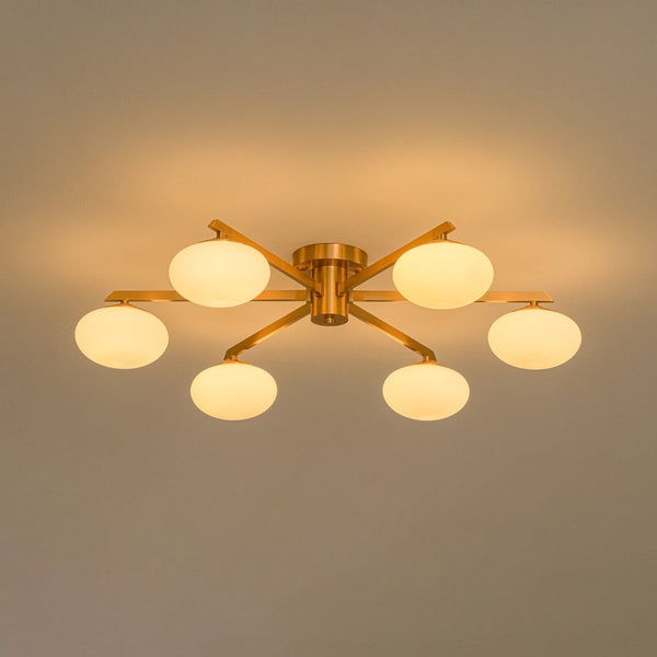 Chandelierias-6-Light Frosted Opaline Oval Glass Sputnik Semi-flush Mount-Semi Flush-Brass-