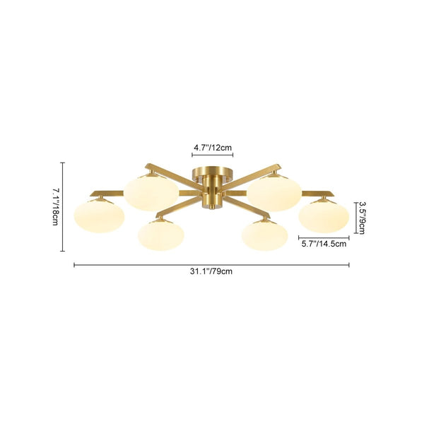 Chandelierias-6-Light Frosted Opaline Oval Glass Sputnik Semi-flush Mount-Semi Flush-Brass-