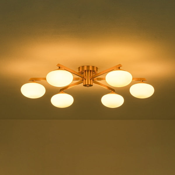 Chandelierias-6-Light Frosted Opaline Oval Glass Sputnik Semi-flush Mount-Semi Flush-Brass-