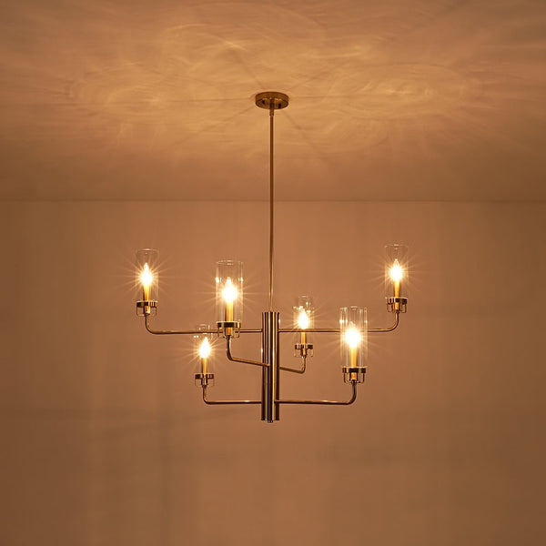 Chandelierias - 6 - Light Mid - century Cylinder Ribbed Glass Tiered Chandelier - Chandeliers - Clear - 