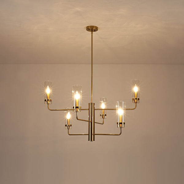 Chandelierias - 6 - Light Mid - century Cylinder Ribbed Glass Tiered Chandelier - Chandeliers - Clear - 