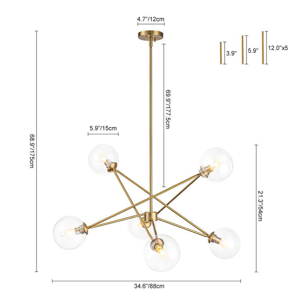 Chandelierias - 6 - Light Novel Hexagram Clear Glass Globe Chandelier - Chandeliers - Brass - 