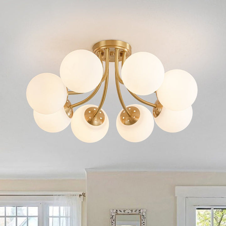 Chandelierias - 8 - Light Dreamy Bouquet Frosted Glass Globe Semi - Flush Mount - Semi Flush - Brass - 