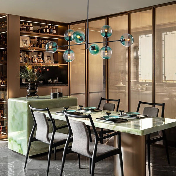 Chandelierias - 8 - Light Gradient Teal Glass Modern Linear Chandelier - Chandeliers - Brass - 