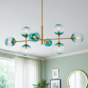 Chandelierias - 8 - Light Gradient Teal Glass Modern Linear Chandelier - Chandeliers - Brass - 
