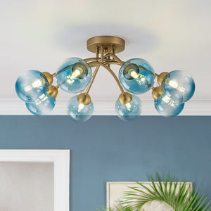 Chandelierias-8-Light Lake Blue Tinted Glass Bubble Semi-flush Mount-Semi Flush-Brass-
