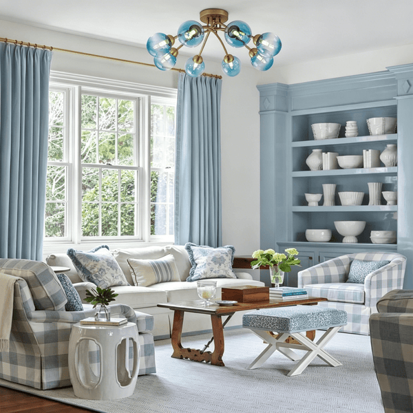 Chandelierias-8-Light Lake Blue Tinted Glass Bubble Semi-flush Mount-Semi Flush-Brass-