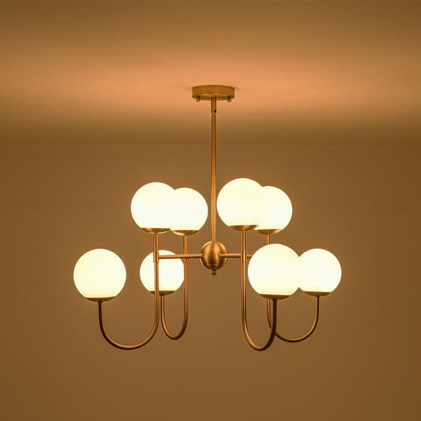 Chandelierias - 8 - Light Swooping Arm Matte Opal Glass Tiered Chandelier - Chandeliers - Brass - 