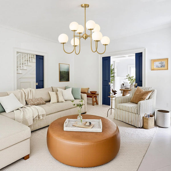 Chandelierias - 8 - Light Swooping Arm Matte Opal Glass Tiered Chandelier - Chandeliers - Brass - 