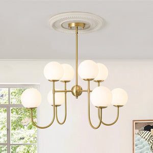 Chandelierias - 8 - Light Swooping Arm Matte Opal Glass Tiered Chandelier - Chandeliers - Brass - 