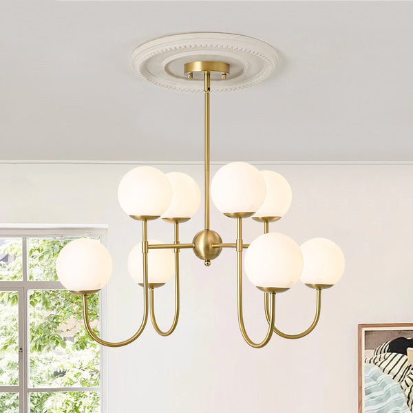 Chandelierias - 8 - Light Swooping Arm Matte Opal Glass Tiered Chandelier - Chandeliers - Brass - 
