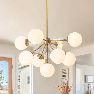 Chandelierias - 9 - Light Frosted Glass Semi - Sphere Sputnik Chandelier - Chandelier - Brass - 