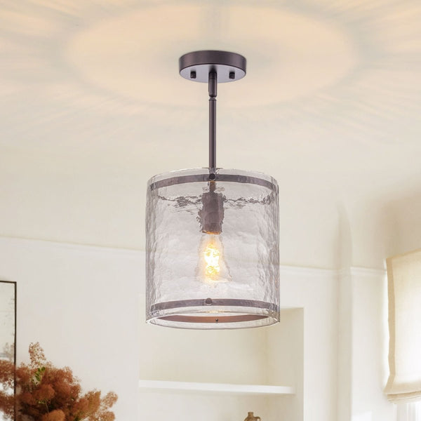 Chandelierias-9.3'' Wide Modern 1-Light Water Ripple Glass Cylinder Single Pendant-Pendants-Oil-rubbed Bronze (Back-order)-