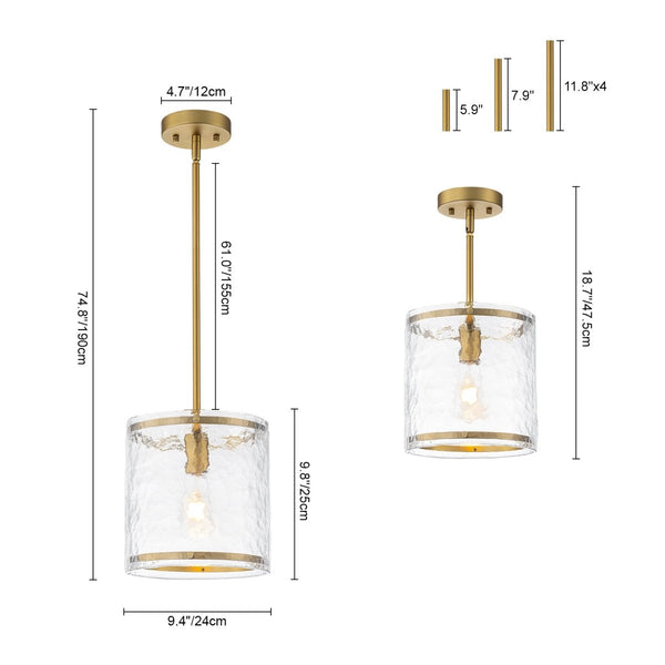 Chandelierias-9.3'' Wide Modern 1-Light Water Ripple Glass Cylinder Single Pendant-Pendants-Oil-rubbed Bronze (Back-order)-