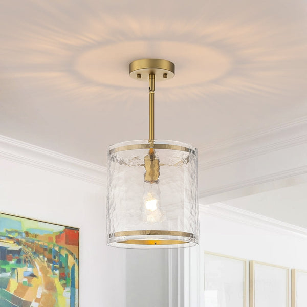 Chandelierias-9.4'' Wide Modern 1-Light Water Ripple Glass Cylinder Single Pendant-Pendants-Gold-