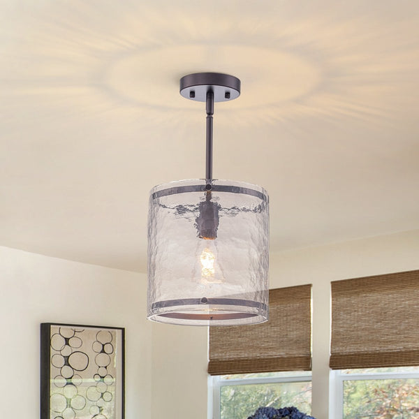 Chandelierias-9.4'' Wide Modern 1-Light Water Ripple Glass Cylinder Single Pendant-Pendants-Oil-rubbed Bronze-