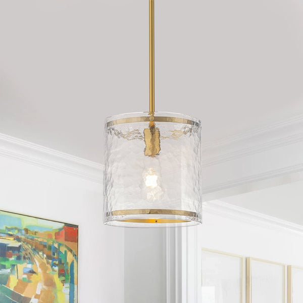 Chandelierias-9.4'' Wide Modern 1-Light Water Ripple Glass Cylinder Single Pendant-Pendants-Oil-rubbed Bronze-