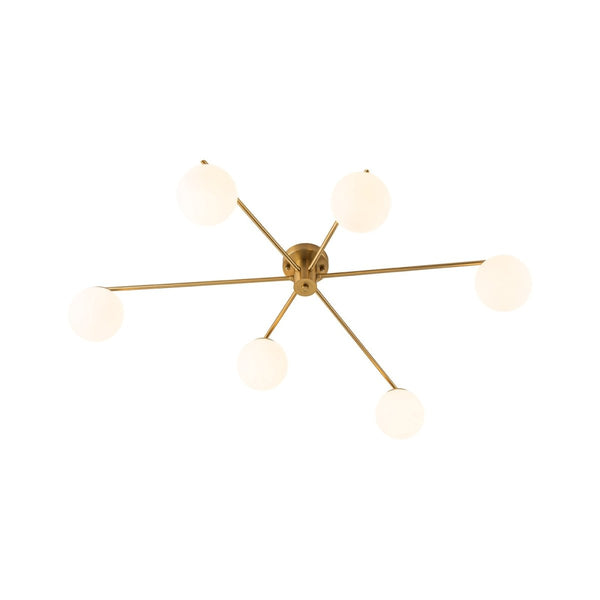 Chandelierias-Asymmetrical 6-Light Sunburst Frosted Globe Glass Semi Flush Mount-Semi Flush-Brass-