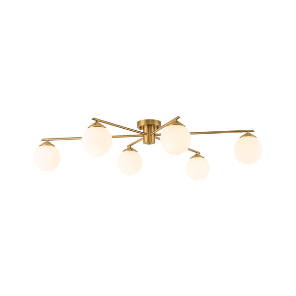 Chandelierias-Asymmetrical 6-Light Sunburst Frosted Globe Glass Semi Flush Mount-Semi Flush-Brass-