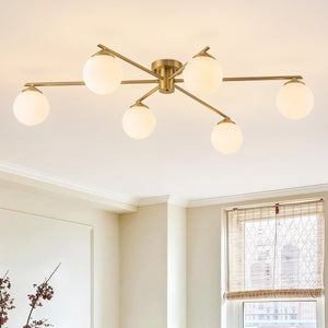Chandelierias-Asymmetrical 6-Light Sunburst Frosted Globe Glass Semi Flush Mount-Semi Flush-Brass-