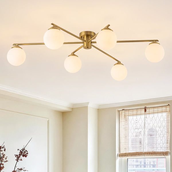 Chandelierias-Asymmetrical 6-Light Sunburst Frosted Globe Glass Semi Flush Mount-Semi Flush-Brass-