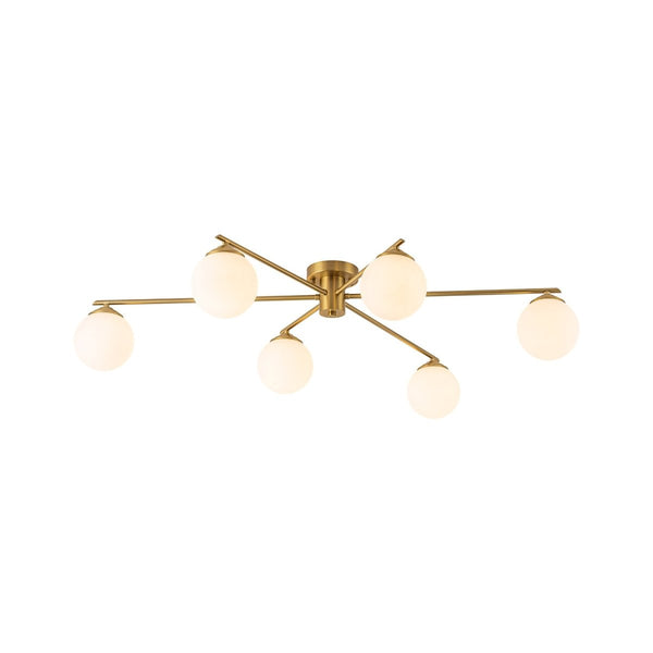 Chandelierias-Asymmetrical 6-Light Sunburst Frosted Globe Glass Semi Flush Mount-Semi Flush-Brass-