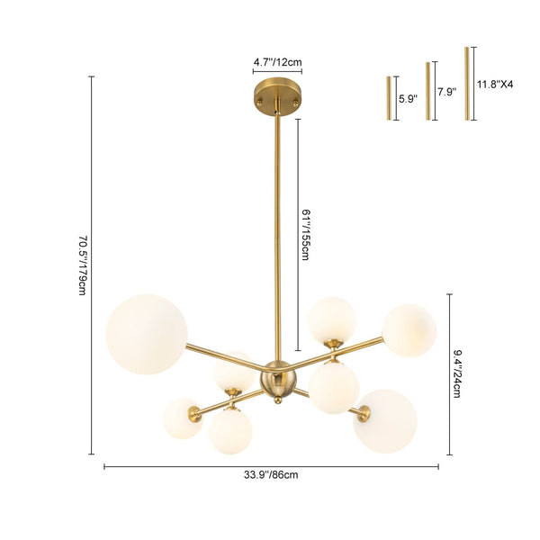 Chandelierias-Atomic 8-Light Branch Frosted Opal Glass Chandelier-Chandeliers-Brass-
