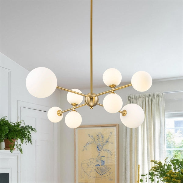 Chandelierias-Atomic 8-Light Branch Frosted Opal Glass Chandelier-Chandeliers-Brass-