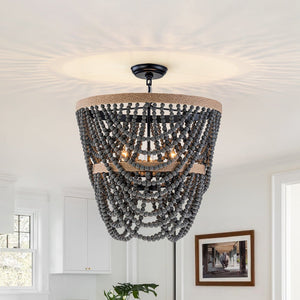 Chandelierias - Boho 3 - Light Tiered Hem Rope Distressed Gray Wood Beads Chandelier - Chandeliers - Black - 